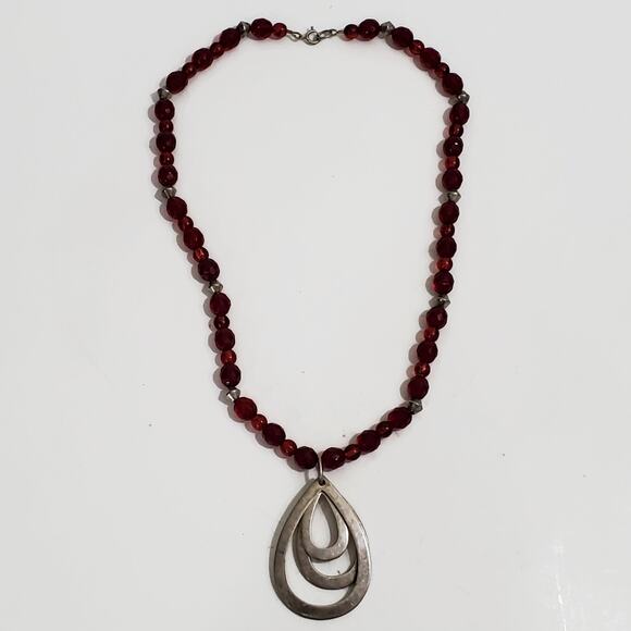 Vintage Sterling Silver & Red Glass Bead Teardrop Pendant Necklace 18" - Picture 2 of 8